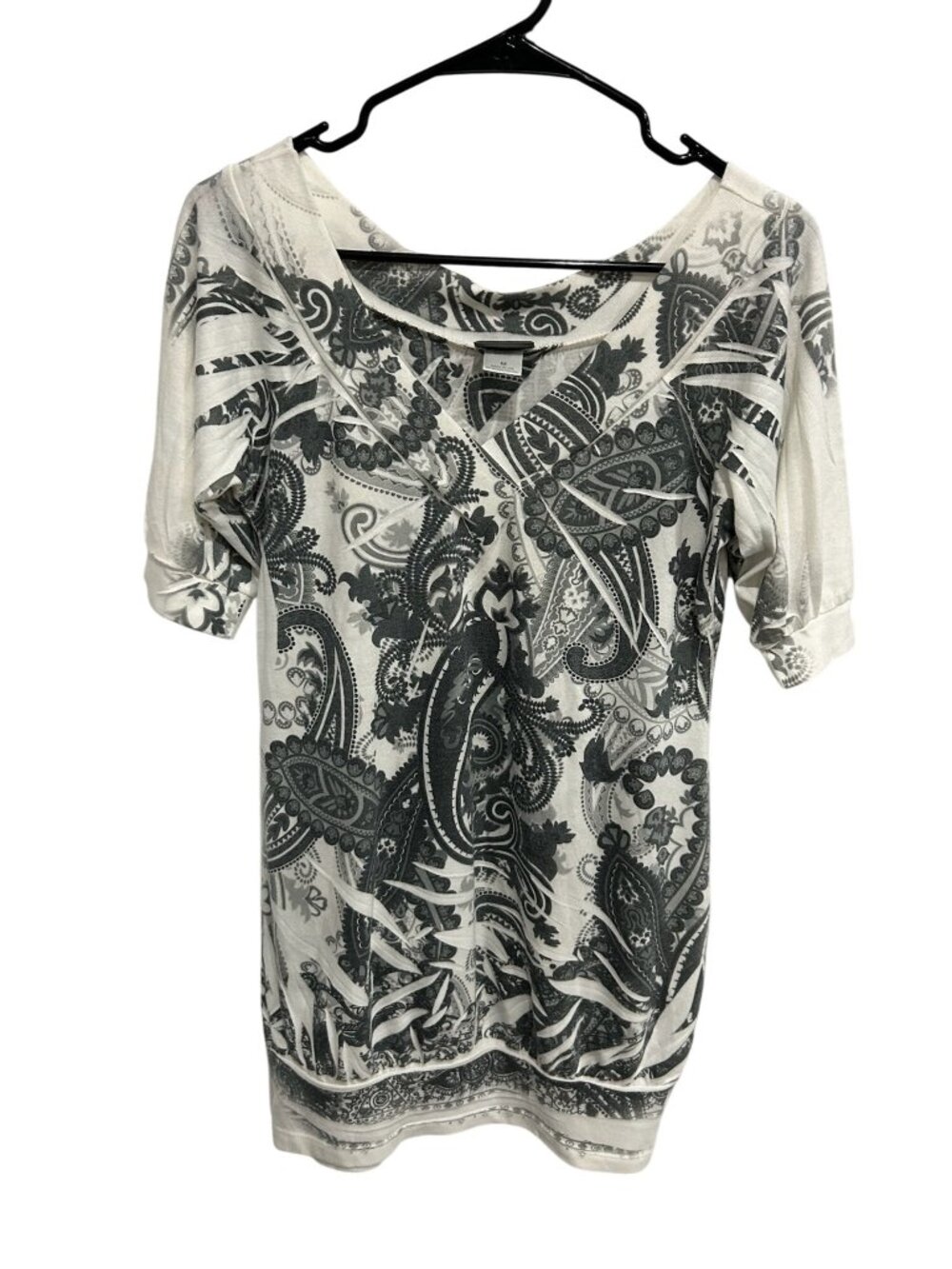 Dots White Black Paisley 3/4 Sleeve Tunic Top Size M Boho Maximalist Stretch